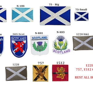 Puede incluir: Colección de parches bordados con motivos escoceses. Los diseños incluyen la bandera escocesa, cardos y el castillo de Edimburgo. Se muestran varios tamaños y formas, con instrucciones para coser o planchar.