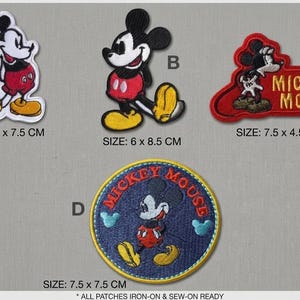 May include: Four embroidered patches featuring Mickey Mouse designs. Patch A is 5 x 7.5 cm, B is 6 x 8.5 cm, C is 7.5 x 4.5 cm with text MICKEY MOUSE, and D is a 7.5 x 7.5 cm circular patch with text MICKEY MOUSE. All are iron-on and sew-on ready.