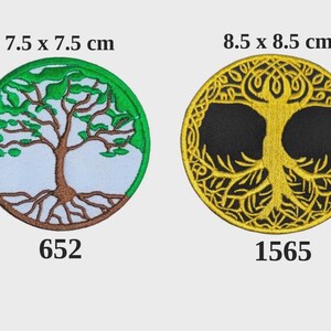 May include: Two embroidered tree patches. One features a green and brown tree with a white background, measuring 7.5 x 7.5 cm. The other is a gold tree on a black background, measuring 8.5 x 8.5 cm. Each patch has a unique number.