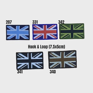 May include: Five rectangular patches featuring the Union Jack flag design, each with a hook and loop backing. The patches are labelled 207, 331, 342, 341, and 340, with varying colour schemes. The text Hook & Loop (7.5x5cm) is displayed above the bottom row.
