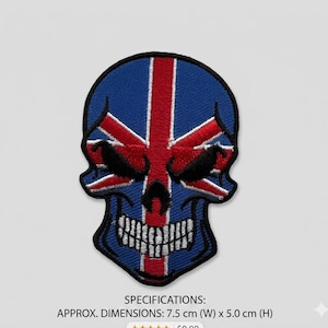 May include: An embroidered patch in the shape of a human skull featuring a blue, red, and white Union Jack flag pattern. The skull has black eye sockets and a white teeth design. The patch measures approximately 2.95 inches wide by 1.97 inches high.