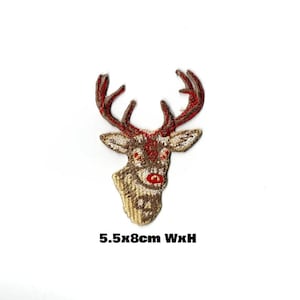 May include: Embroidered iron-on patch of a brown deer head with red antlers. The patch is 5.5 x 8 cm.