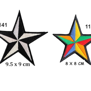 May include: Two embroidered star patches. One is black with white accents, measuring 3.7 x 3.5 inches, with the number "141". The other is a colorful star with the number "1106", measuring 3.1 x 3.1 inches.