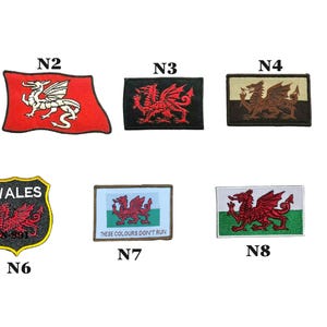 Puede incluir: Una colección de ocho parches bordados con motivos de dragones galeses. Los diseños incluyen formas circulares, rectangulares y de escudo con esquemas de color rojo, verde, blanco, negro y marrón. El texto incluye WELSH SCOOTERISTS, WALES, N-891 y THESE COLOURS DON'T RUN.