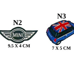 May include: Four embroidered Mini Cooper patches. Designs include a circular patch with "Mini Cooper" text, a winged logo, a blue car with a Union Jack, and a shield logo. Sizes are given in centimetres.