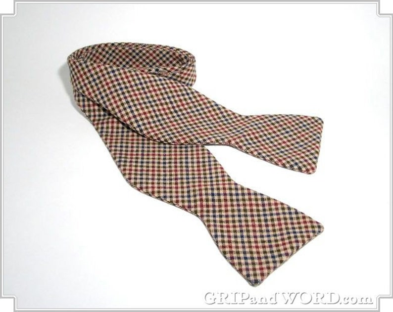 Tan Red Green and Blue Gingham Checked Freestyle Bow Tie