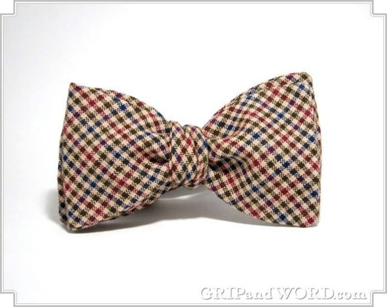 Tan Red Green and Blue Gingham Checked Freestyle Bow Tie