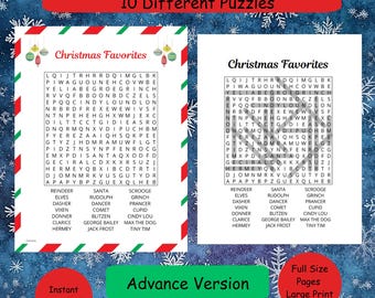 Op de afbeelding: Twee pagina's kerstwoordzoekpuzzel met de tekst "Christmas Favorites". De puzzels hebben een rood-witte rand met sneeuwvlokken. De tekst "Challenging Word Search" en "10 Different Puzzles" staan bovenaan.