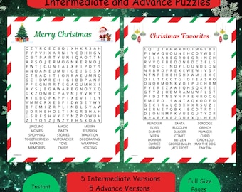 Op de afbeelding: Een afdrukbare woordzoeker puzzelset met de thema's "Vrolijk Kerstfeest" en "Kerstfavorieten". Bevat gemiddelde en geavanceerde versies, met woorden als "Rendier", "Kerstman" en "Scrooge". Het ontwerp toont een kerstboom en de kerstman.