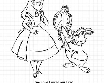 Puede incluir: Dibujo lineal en blanco y negro de Alicia en el país de las maravillas. Alicia, con un vestido, parece sorprendida mientras el Conejo Blanco, sosteniendo un reloj de bolsillo, parece tener prisa. La imagen incluye opciones de tipo de archivo y una dirección web.