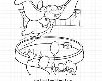 3018 - Scene iconiche di Dumbo in formato SVG, EPS, PNG - Vettore clipart con contorno di Dumbo. Elefante Disney classico. Le avventure di Dumbo DTF