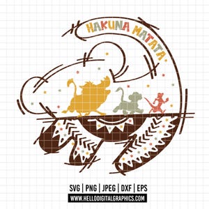 May include: A graphic design featuring the phrase "Hakuna Matata" in a stylized font, with silhouettes of Timon, Pumbaa, and Simba. The design includes decorative elements and is available in SVG, PNG, JPEG, DXF, and EPS formats.