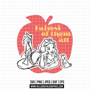 Puede incluir: Ilustración en blanco y negro de Blancanieves reclinada sobre una manzana roja con el texto "Fairest of them all". Un pequeño conejo está a su lado. La imagen incluye información sobre el tipo de archivo y una dirección web.