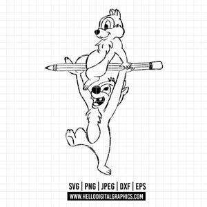 May include: A black and white line drawing of two cartoon chipmunks, one perched on a pencil held aloft by the other. The image includes the text "SVG | PNG | JPEG | DXF | EPS" and "WWW.HELLODIGITALGRAPHICS.COM".