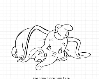 2416 - Dumbo SVG, EPS, PNG - Il vettore clipart del cartone animato dell'elefante. Classico elefante Disney. Le avventure di Dumbo DTF.