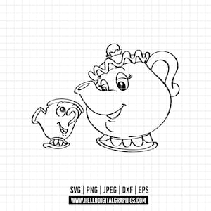 Puede incluir: Dibujo lineal en blanco y negro de una tetera y una taza de té con caras sonrientes. La tetera tiene una parte superior ondulada y un asa curvada. La taza de té tiene un asa y una cara sonriente. El texto "SVG | PNG | JPEG | DXF | EPS" y una dirección web están incluidos.