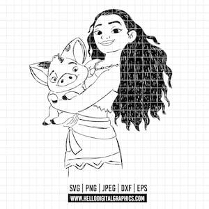 1913 - Moana & pua sketch SVG, EPS, PNG- Moana clipart vector. Moana line art svg. Pua to Moana. Disney&#39;s Princess Polynesian Moana svg