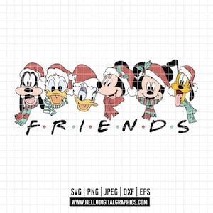May include: A digital graphic featuring six Disney characters: Goofy, Donald Duck, Daisy Duck, Minnie Mouse, Mickey Mouse, and Pluto. Each character is wearing a Santa hat and scarf. The word "FRIENDS" is written below the characters in a colorful font.
