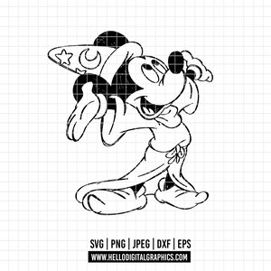 May include: Black and white line art of Mickey Mouse in a sorcerer's hat, with a star and crescent moon. The image is a digital graphic, with file type options listed below the image: SVG, PNG, JPEG, DXF, and EPS. The website address is also included.