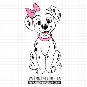 Könnte beinhalten: Cartoon-Illustration eines Dalmatiner-Welpen mit schwarzen Flecken, einer rosa Schleife und einem rosa Halsband. Der Welpe sitzt und lächelt. Das Bild enthält die Dateitypen SVG, PNG, JPEG, DXF und EPS sowie eine Website-Adresse.