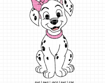 May include: A cartoon illustration of a Dalmatian puppy with black spots, a pink bow, and a pink collar. The puppy is sitting and smiling. The image includes the file types SVG, PNG, JPEG, DXF, and EPS, along with a website address.