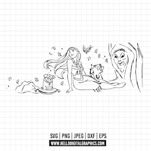 May include: Black and white line art illustration featuring a woman with long hair, a pug on a pillow, and a raccoon. A butterfly and leaves float around the woman. The image includes the text "SVG | PNG | JPEG | DXF | EPS" and the website address.