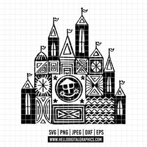 Puede incluir: Ilustración en blanco y negro de un castillo con varias formas geométricas y banderas. El diseño incluye un emblema circular central con una imagen estilizada. La parte inferior de la imagen incluye los tipos de archivo: SVG, PNG, JPEG, DXF, EPS y la dirección del sitio web.