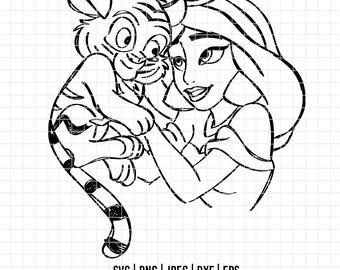2232 - Esquema de la Princesa Jasmine SVG, PNG, EPS - Dibujo vectorial de la Princesa Jasmine de Disney. De Jasmine a Aladdin.