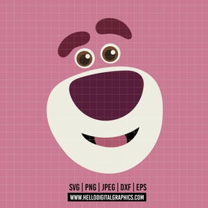 May include: A vector graphic of a cartoon bear's face, featuring a white muzzle, brown eyes, and dark brown eyebrows. The bear's mouth is open, revealing a pink tongue. The background is a pink grid. Text at the bottom reads "SVG | PNG | JPEG | DXF | EPS" and a website address.