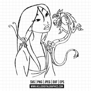 May include: Black and white line art of a woman with long hair and a dragon. The woman is looking to the side with a slight smile. The dragon is next to her, with a playful expression. The image includes the file types SVG, PNG, JPEG, DXF, and EPS.