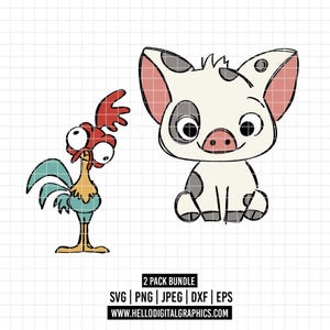 May include: A digital illustration featuring two cartoon characters: a rooster with red comb and teal feathers, and a pig with gray spots. The image includes the text "2 PACK BUNDLE" and file type options.