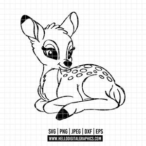 Peut inclure: Illustration en noir et blanc d'un faon de cerf assis. Le faon a de grands yeux, un petit nez et des taches sur le dos. L'image comprend des informations sur le type de fichier et une adresse de site Web.