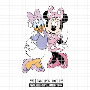 Op de afbeelding: Digitale illustratie van Katrien Duck en Minnie Mouse die elkaar omarmen. Katrien draagt een paarse jurk en strik, Minnie een roze jurk met stippen en een strik. De afbeelding bevat bestandsinfo en een websiteadres.
