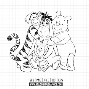 3053 - Winnie the Pooh and his friends SVG,PNG,EPS- Winnie the Pooh characters Outline clipart vector, line art. Tigger,Rabbit,Kanga,Piglet.