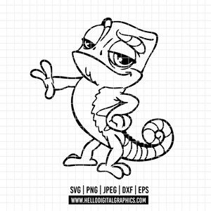 Könnte beinhalten: Schwarz-weiße Cartoon-Illustration eines Chamäleons mit skeptischem Gesichtsausdruck. Das Chamäleon steht mit verschränkten Armen da. Das Bild enthält die Dateitypen SVG, PNG, JPEG und DXF sowie eine Website-Adresse.