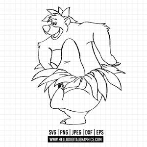 May include: Black and white line art of a cartoon bear wearing a leafy skirt, smiling. The image includes file type icons: SVG, PNG, JPEG, DXF, EPS, and the website address: HELLODIGITALGRAPHICS.COM.