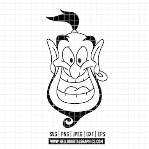 May include: Black and white cartoon illustration of a genie with a large smile, large ears, and a turban. The genie's body is shaped like a bottle. The image includes the file types SVG, PNG, JPEG, DXF, and EPS, along with a website address.