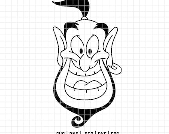 May include: Black and white cartoon illustration of a genie with a large smile, large ears, and a turban. The genie's body is shaped like a bottle. The image includes the file types SVG, PNG, JPEG, DXF, and EPS, along with a website address.