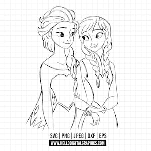 2147 - Princess Anna & Elsa SVG, PNG, EPS - Disneyy Frozen caracters clipart vector. Anna dtf Line art svg. Elsa dtf outline
