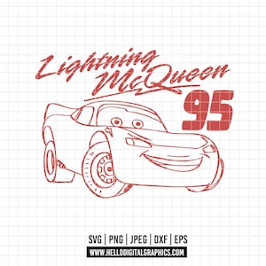 May include: Red line art of Lightning McQueen race car with the number 95. The name "Lightning McQueen" is written above the car in a stylized font. The image includes file type options: SVG, PNG, JPEG, DXF, and EPS.