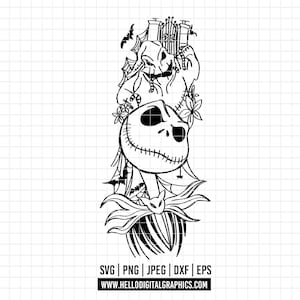 Op de afbeelding: Zwart-wit afbeelding van Jack Skellington uit The Nightmare Before Christmas. Het ontwerp omvat Jacks hoofd, een vlinderdas en andere personages. De afbeelding bevat ook de tekst "SVG | PNG | JPEG | DXF | EPS" en "WWW.HELLODIGITALGRAPHICS.COM".