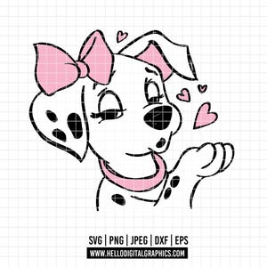 May include: A black and white Dalmatian dog illustration with a pink bow, collar, and hearts. The dog is blowing kisses. The image includes the file type options: SVG, PNG, JPEG, DXF, and EPS, along with a website address.
