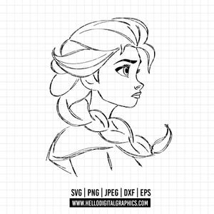 May include: Black and white line art illustration of a woman with a side profile. The woman has long hair in a braid. The image includes the text "SVG | PNG | JPEG | DXF | EPS" and "www.hellodigitalgraphics.com".