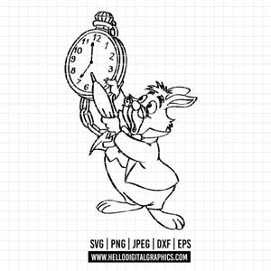 May include: Black and white illustration of the White Rabbit from Alice in Wonderland, holding a pocket watch. The watch shows the time as 6:08. The rabbit is wearing a suit and appears to be in a hurry. The image includes the text "SVG | PNG | JPEG | DXF | EPS" and "WWW.HELLODIGITALGRAPHICS.COM".