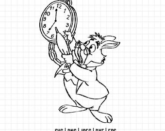 Puede incluir: Ilustración en blanco y negro del Conejo Blanco de Alicia en el país de las maravillas, sosteniendo un reloj de bolsillo. El reloj marca las 6:08. El conejo lleva un traje y parece tener prisa. La imagen incluye el texto "SVG | PNG | JPEG | DXF | EPS" y "WWW.HELLODIGITALGRAPHICS.COM".