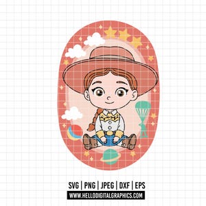May include: A cartoon illustration of a cowgirl character with a brown hat, sitting on a pink background with stars, clouds, and planets. The character wears a white shirt, blue jeans, and brown boots. The image includes the text "SVG | PNG | JPEG | DXF | EPS" and a website address.