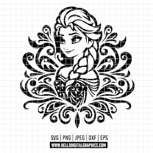 May include: Black and white graphic of a woman with long hair, surrounded by an ornate floral design. The image includes the file types SVG, PNG, JPEG, DXF, and EPS, along with a website address.