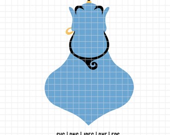 May include: A blue genie silhouette with black accents, a gold earring, and a black necklace. The genie has a black ponytail and is set against a grid background. The image includes file type information and a website address.