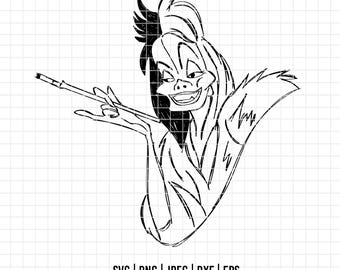 3304 - Cruella de Vil 101 dalmatians SVG, EPS, PNG - Disneeyy villains clipart vector. Dalmatian icon. Cruella de Vill line art dtf