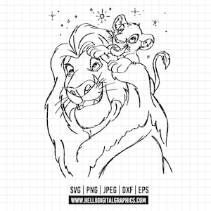 May include: Black and white line art illustration of a lion and a cub. The lion has a large mane and is smiling. The cub is sitting on the lion's head. The image includes the text "SVG | PNG | JPEG | DXF | EPS" and "WWW.HELLODIGITALGRAPHICS.COM".